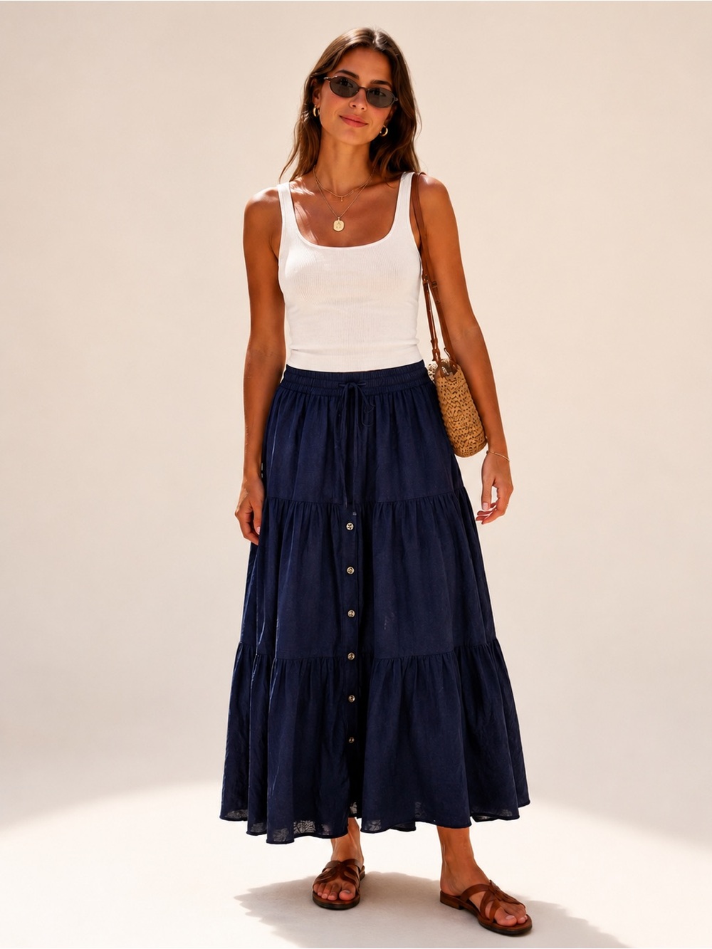 Vintage 90s Navy Blue Button Front Maxi Skirt Flowy Whimsigoth Boho Excellent